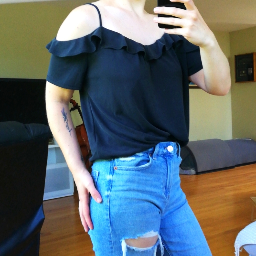 Black frilly T with cold shoulders